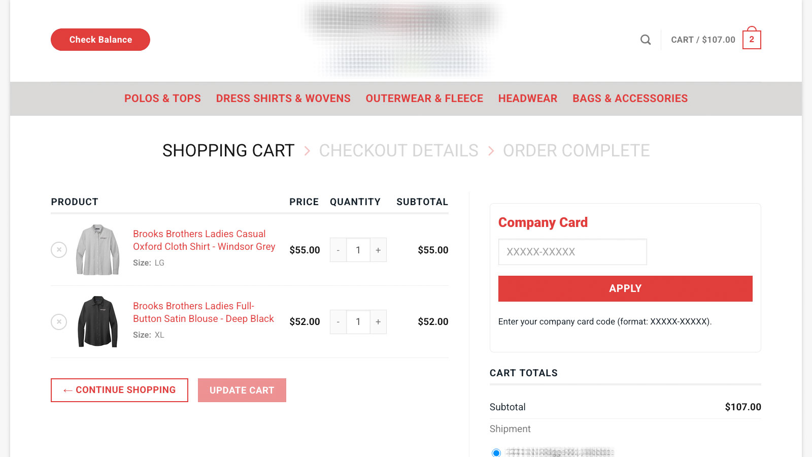 WooCommerce checkout with company card selection and apply flow.