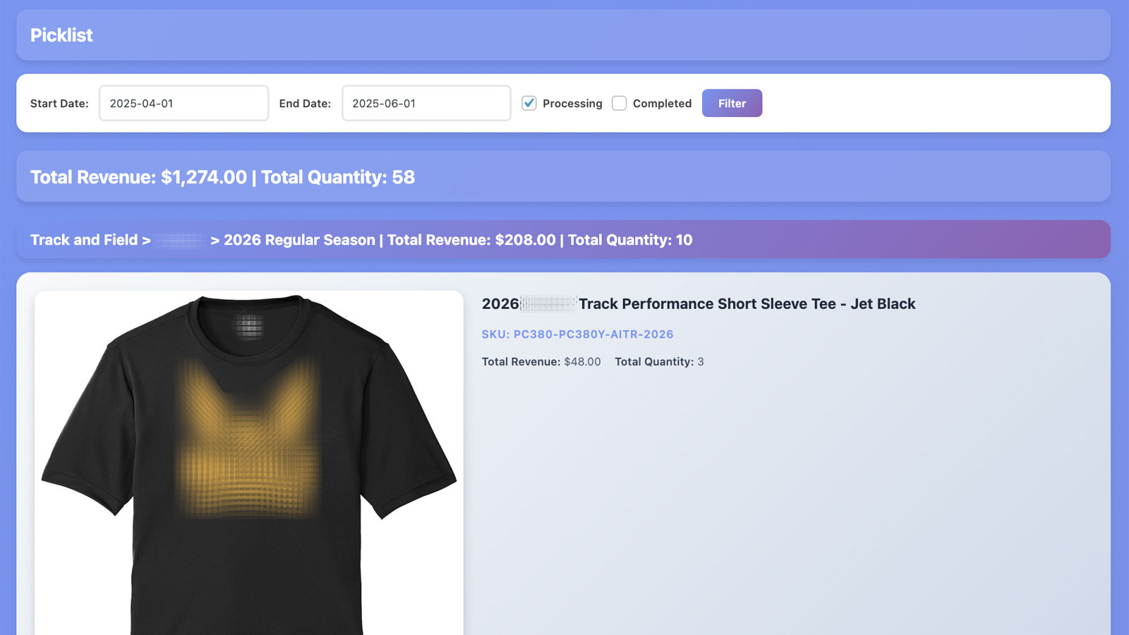 Picklist generation panel in WooCommerce admin.