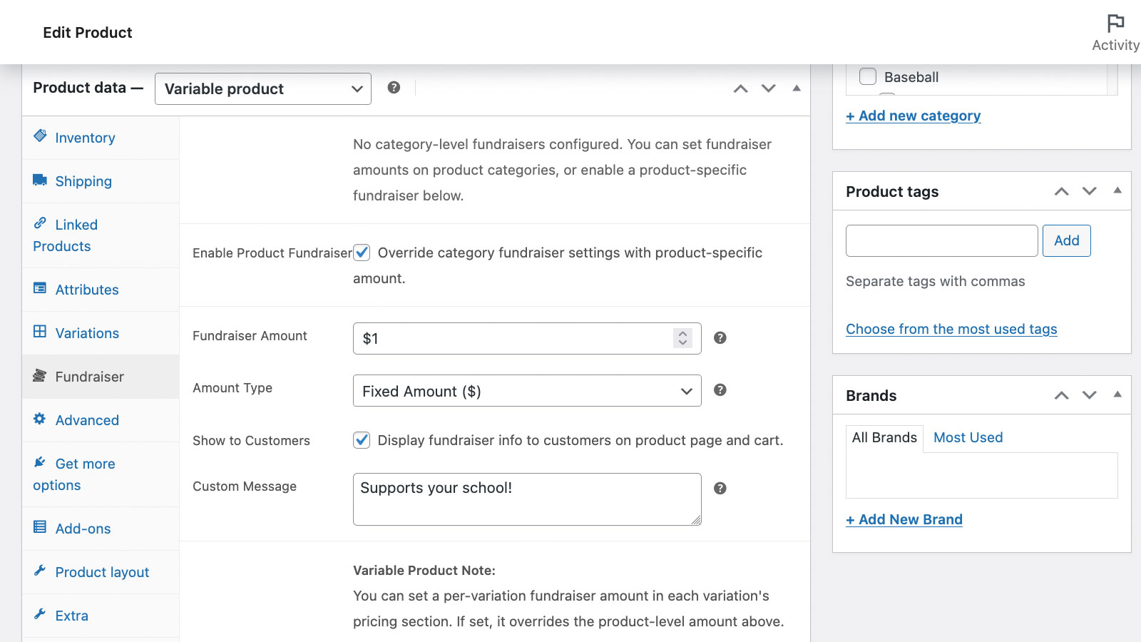 Simple Fundraiser live product-level goal progress display.